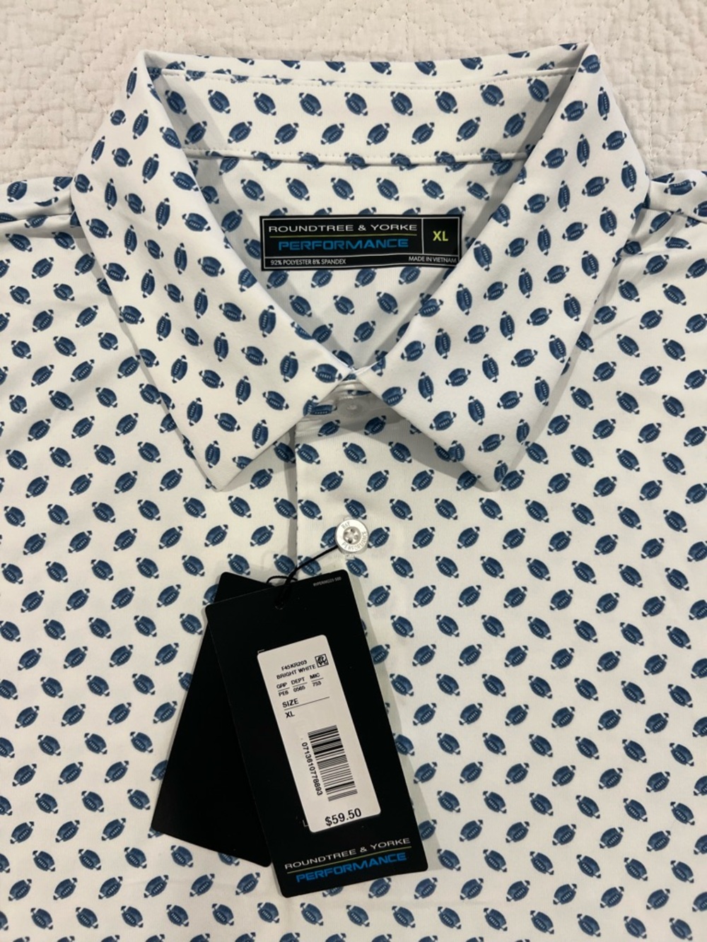 Roundtree & Yorke White with Blue Football Print Performance Stretch Polo